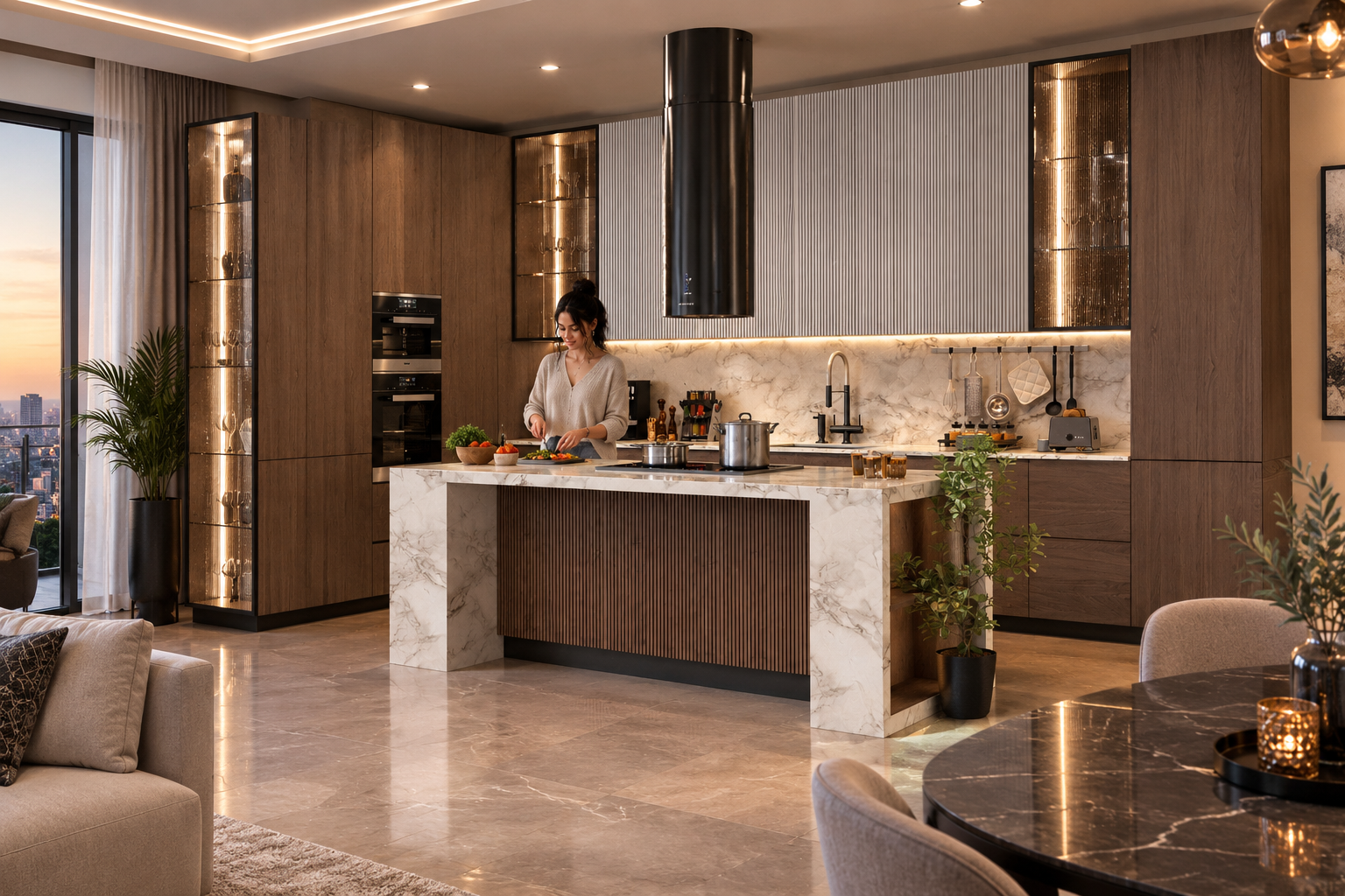 Fluted Wood & Marble Kitchen